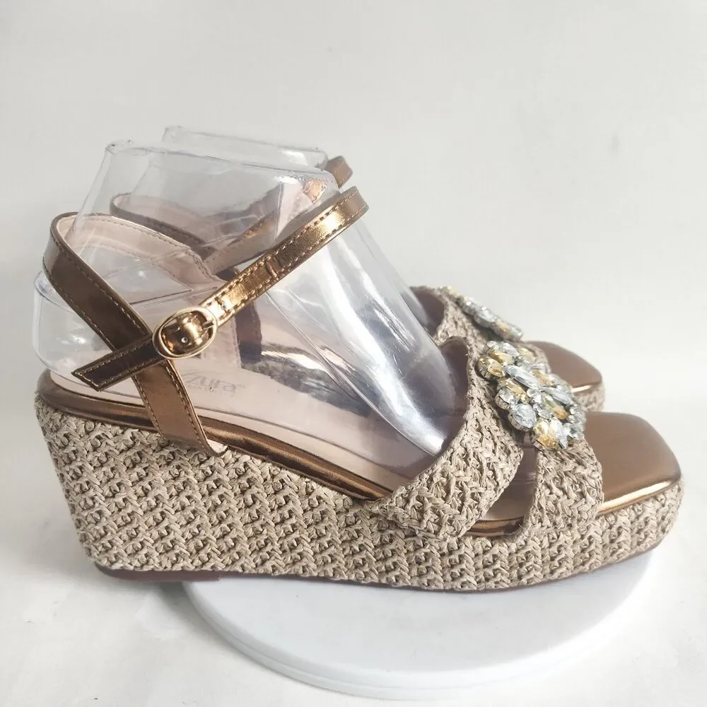 Azura European‎ Espadrille Platform Wedges Gold Rhinestones Sandals 9.5 - 10 /41